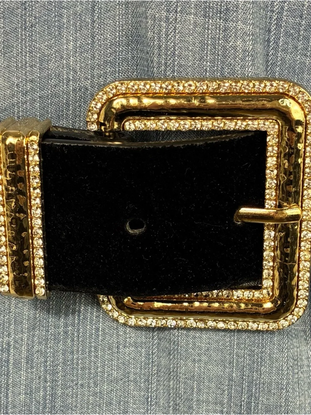 Zara Womens belt 41” long Black velvet with Gold buckle rhinestones glam bling